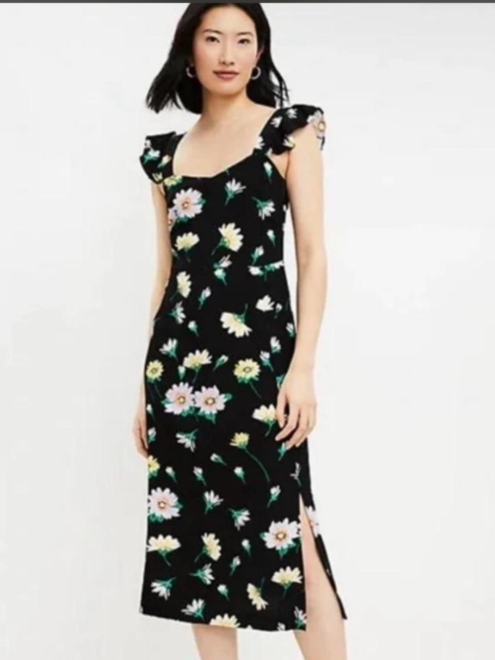 LOFT Black Maxi Dress with Yellow & White Floral Print